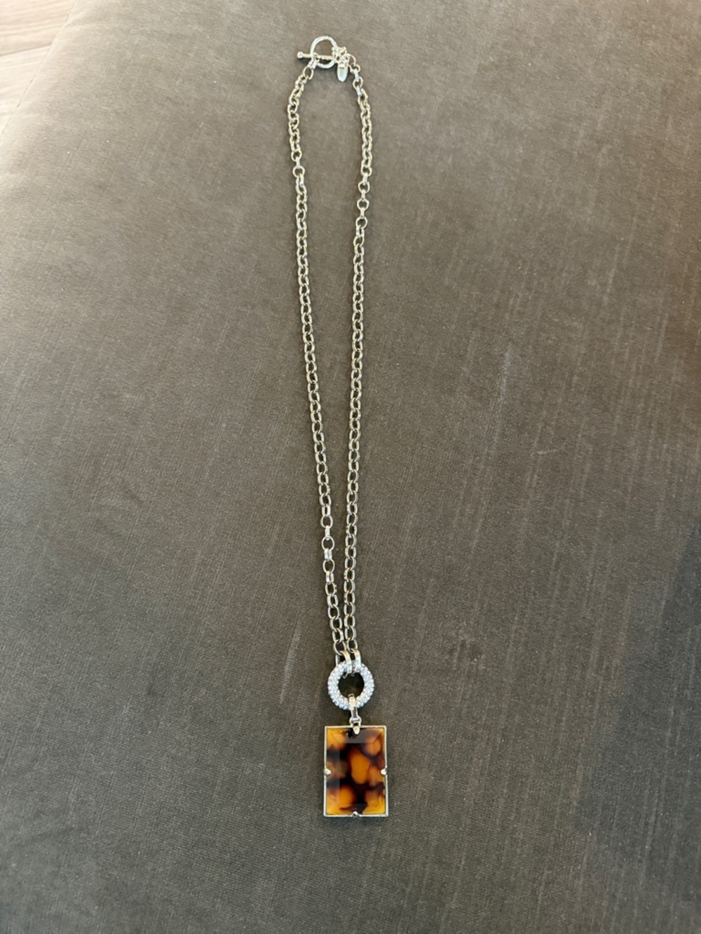 Long Chain Necklace with Tortoiseshell Pendant and Crystal Ring